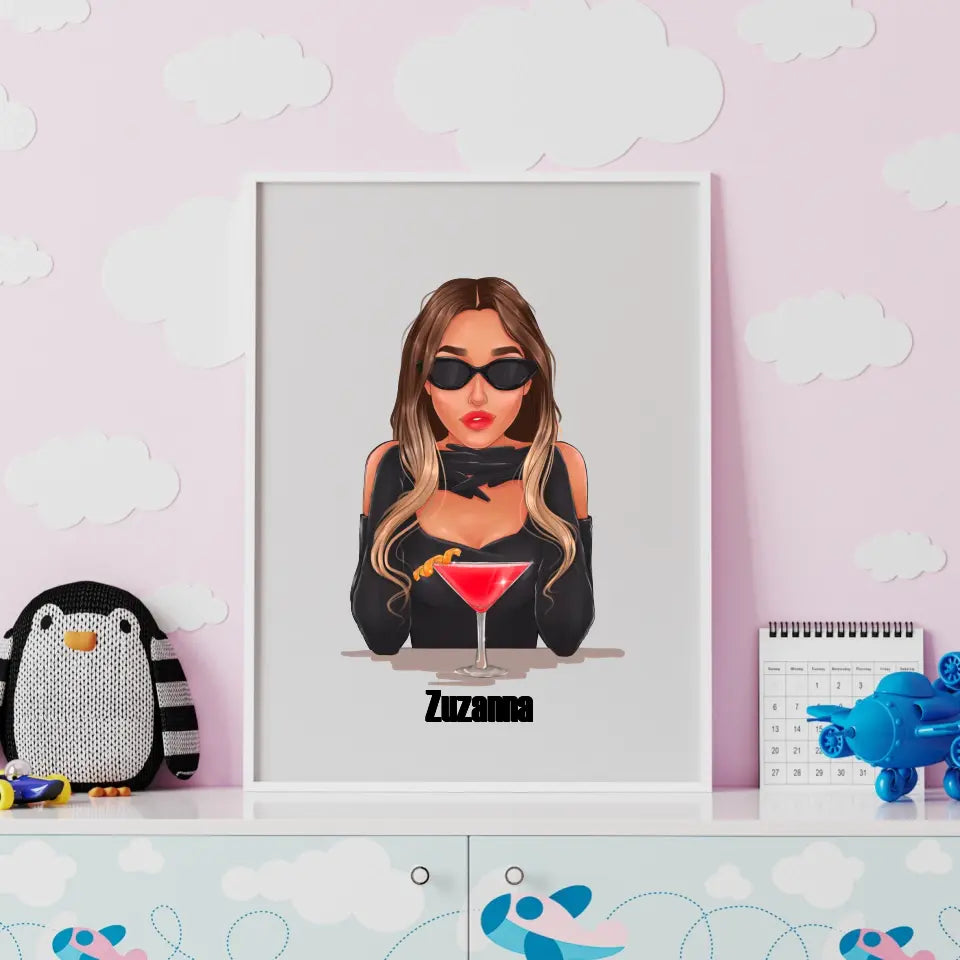Modna dziewczyna z koktajlem - druk na płótnie, spersonalizowany prezent dla dziewczyny, przyjaciółki