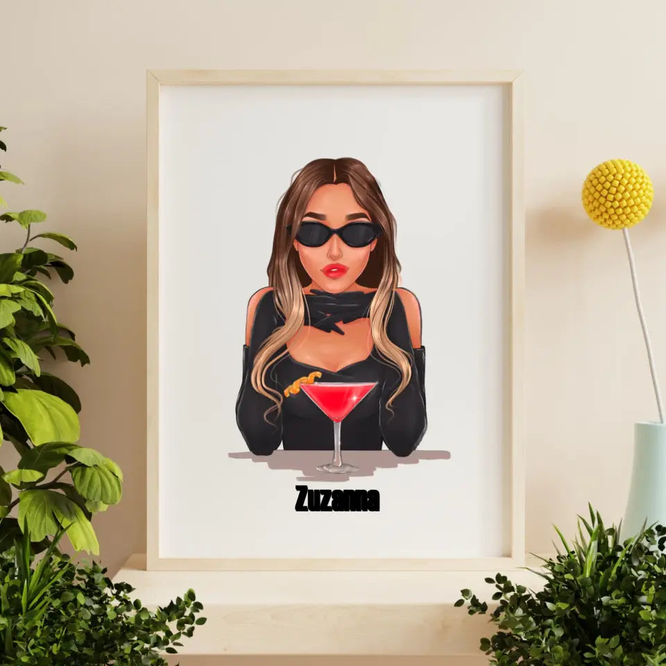 Modna dziewczyna z koktajlem - druk na płótnie, spersonalizowany prezent dla dziewczyny, przyjaciółki