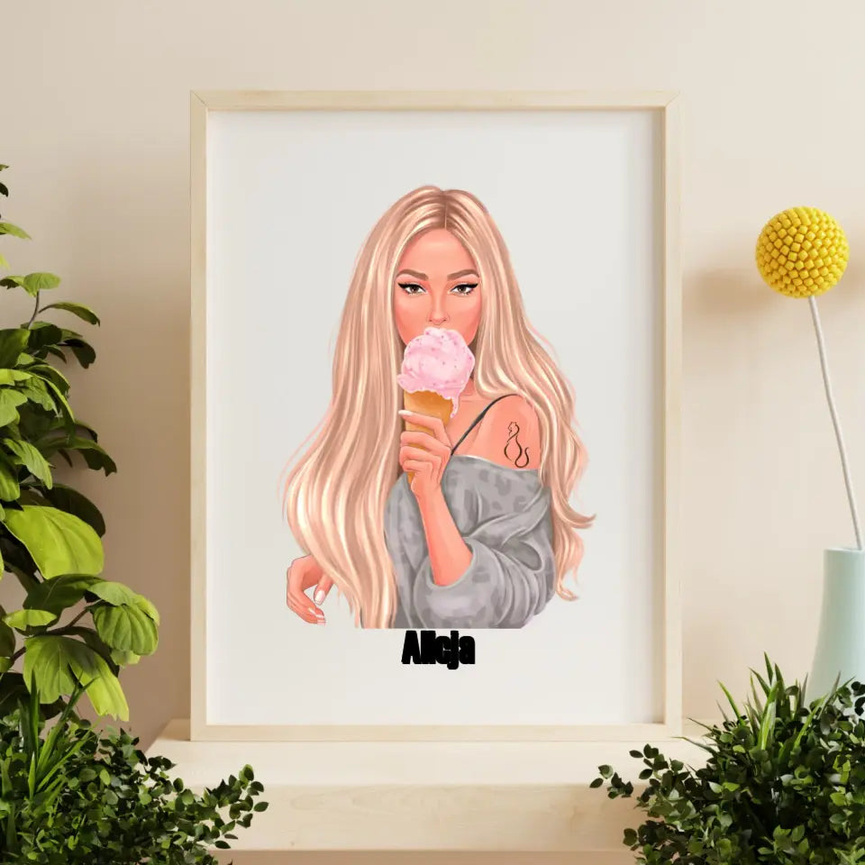 Dziewczyna z lodami - druk na płótnie, spersonalizowany prezent dla dziewczyny, przyjaciółki