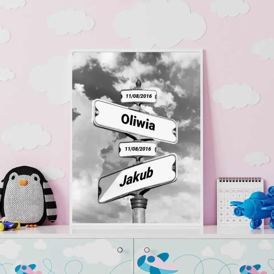 Urodziny dzieci (znak drogowy) - druk na płótnie, spersonalizowany prezent dla rodziny