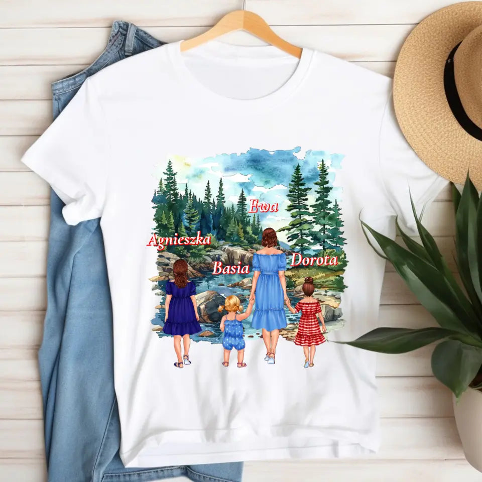 Mama i córki 2-4 osób (Wodospady i strumienie) - Spersonalizowana koszulka dla mamy