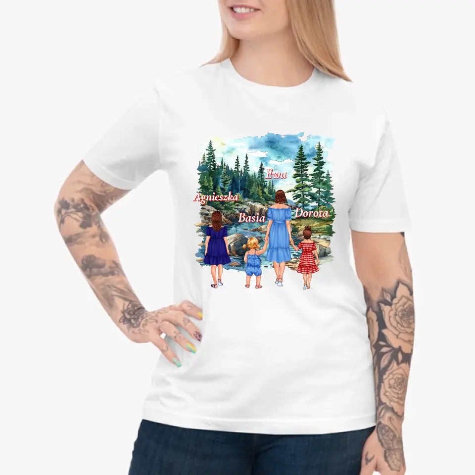 Mama i córki 2-4 osób (Wodospady i strumienie) - Spersonalizowana koszulka dla mamy