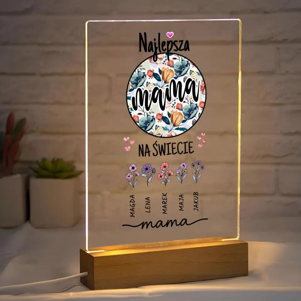 Najlepsza mama na świecie z imionami dzieci w formie kwiatów - Druk na szkle, spersonalizowany prezent dla mamy