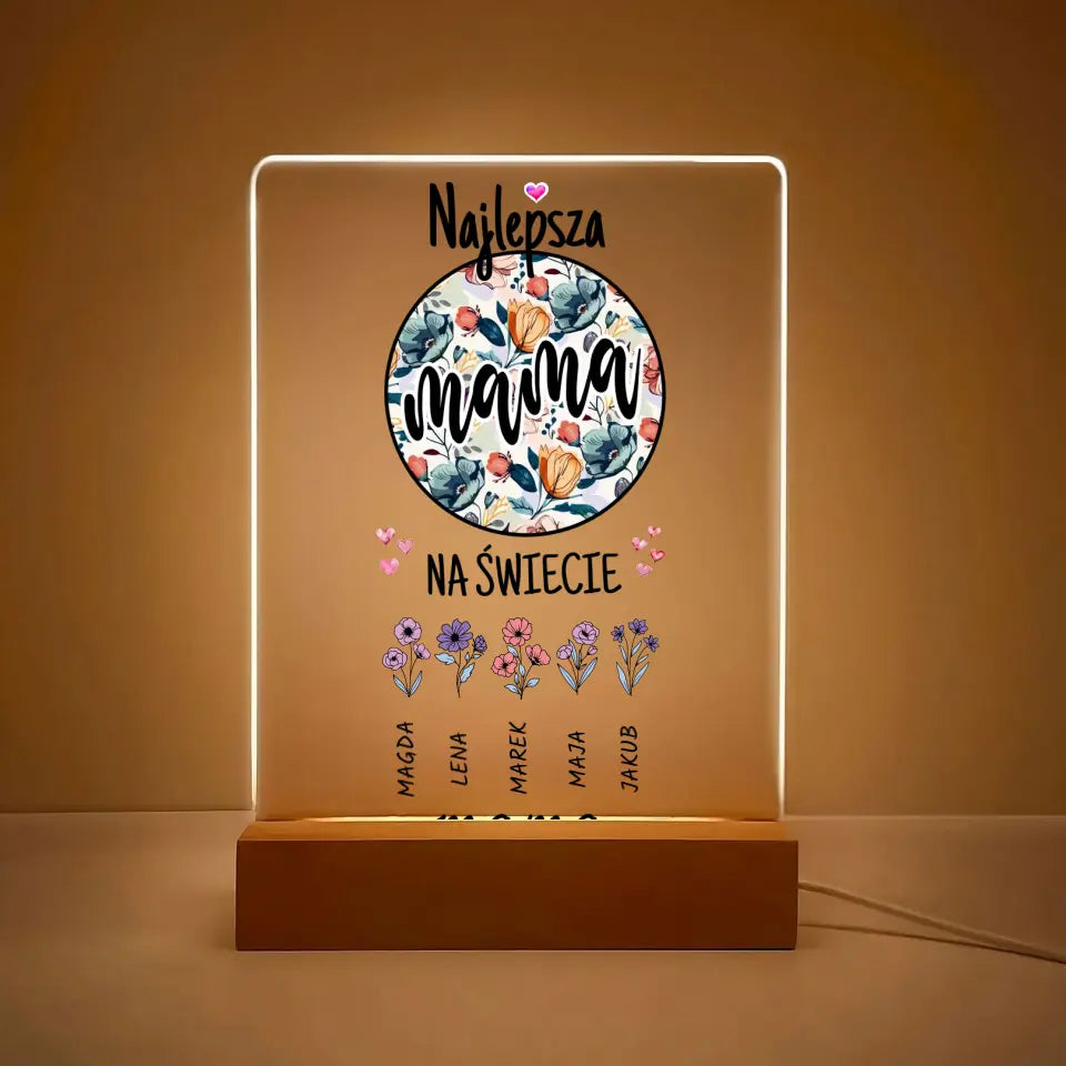 Najlepsza mama na świecie z imionami dzieci w formie kwiatów - Druk na szkle, spersonalizowany prezent dla mamy