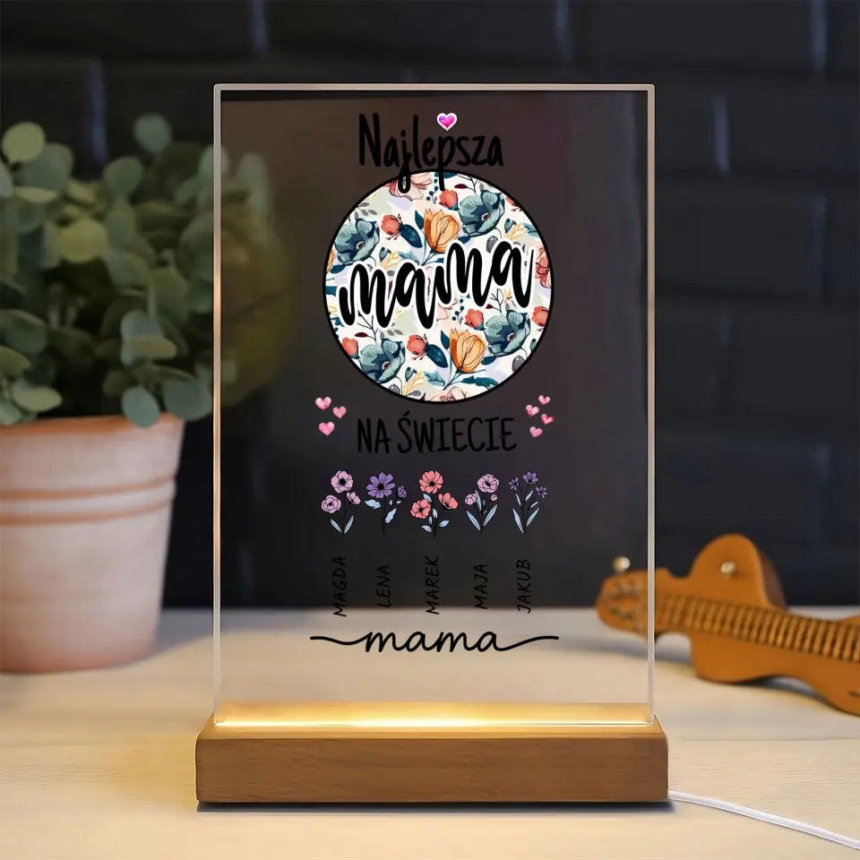 Najlepsza mama na świecie z imionami dzieci w formie kwiatów - Druk na szkle, spersonalizowany prezent dla mamy