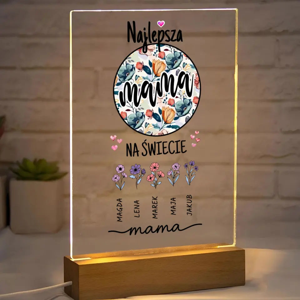 Najlepsza mama na świecie z imionami dzieci w formie kwiatów - Druk na szkle, spersonalizowany prezent dla mamy