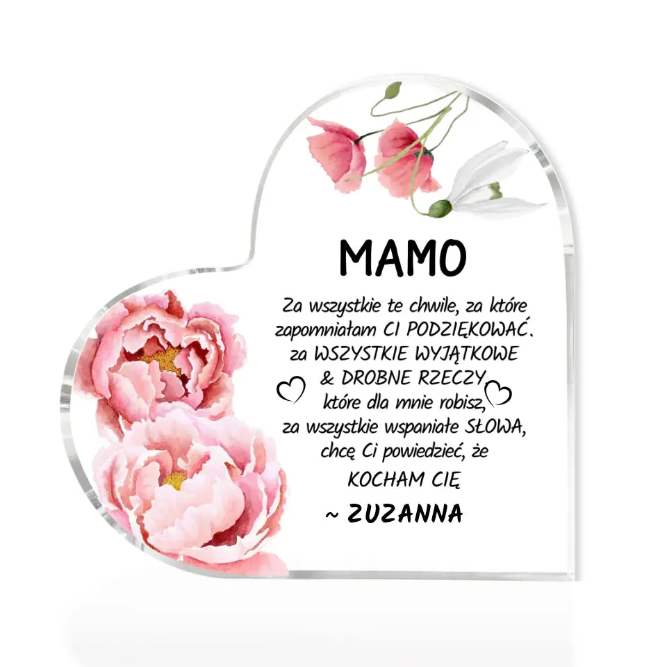 Serce z kwiatami - akrylowe serce, spersonalizowany prezent dla mamy