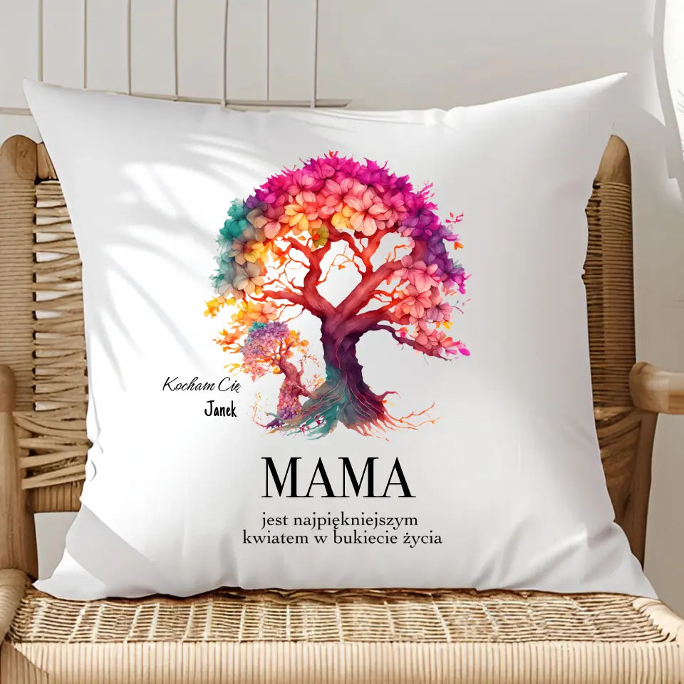 MAMA JEST NAJPIĘKNIEJSZYM KWIATEM - poduszka, spersonalizowany prezent dla mamy