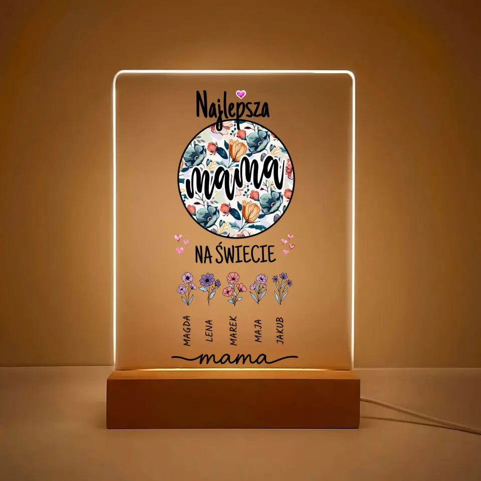 Najlepsza mama na świecie z imionami dzieci w formie kwiatów - Druk na szkle, spersonalizowany prezent dla mamy