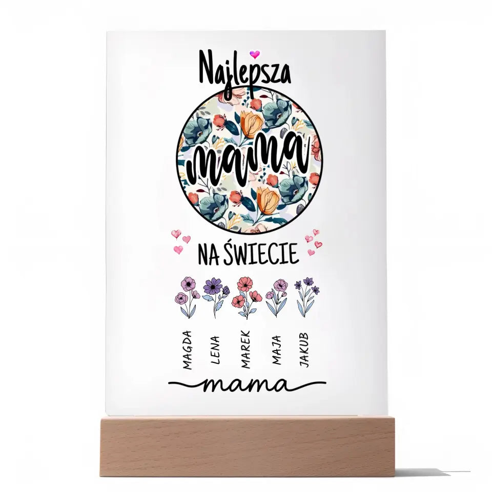 Najlepsza mama na świecie z imionami dzieci w formie kwiatów - Druk na szkle, spersonalizowany prezent dla mamy