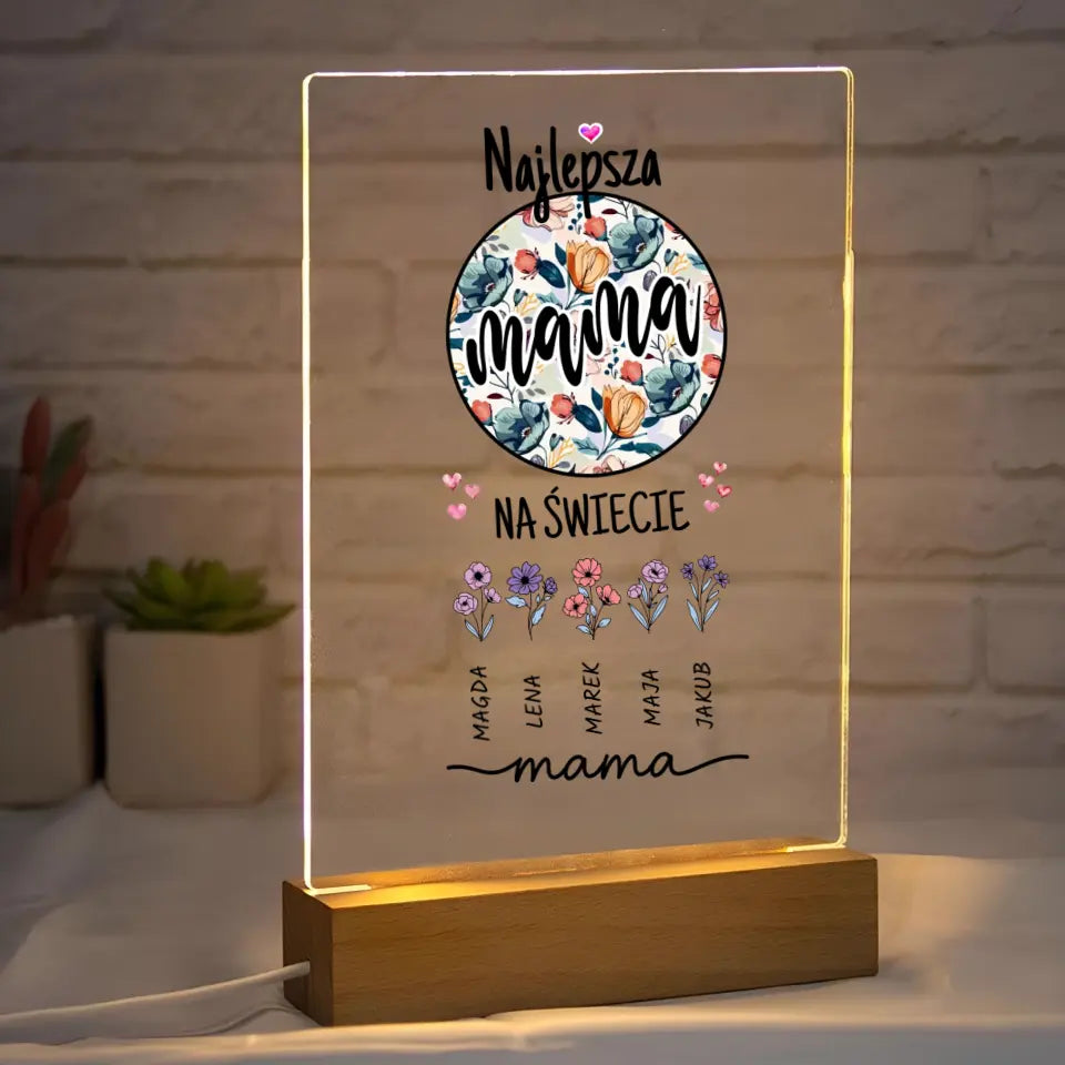 Najlepsza mama na świecie z imionami dzieci w formie kwiatów - Druk na szkle, spersonalizowany prezent dla mamy