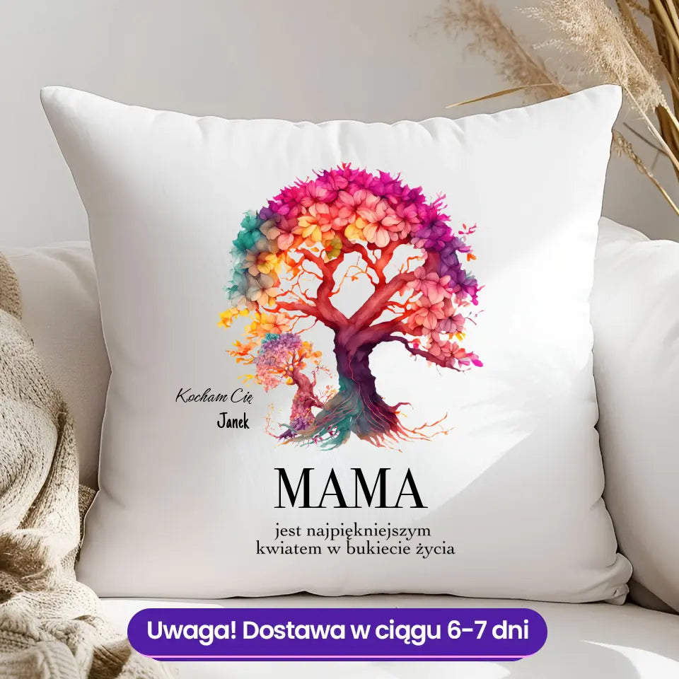MAMA JEST NAJPIĘKNIEJSZYM KWIATEM - poduszka, spersonalizowany prezent dla mamy