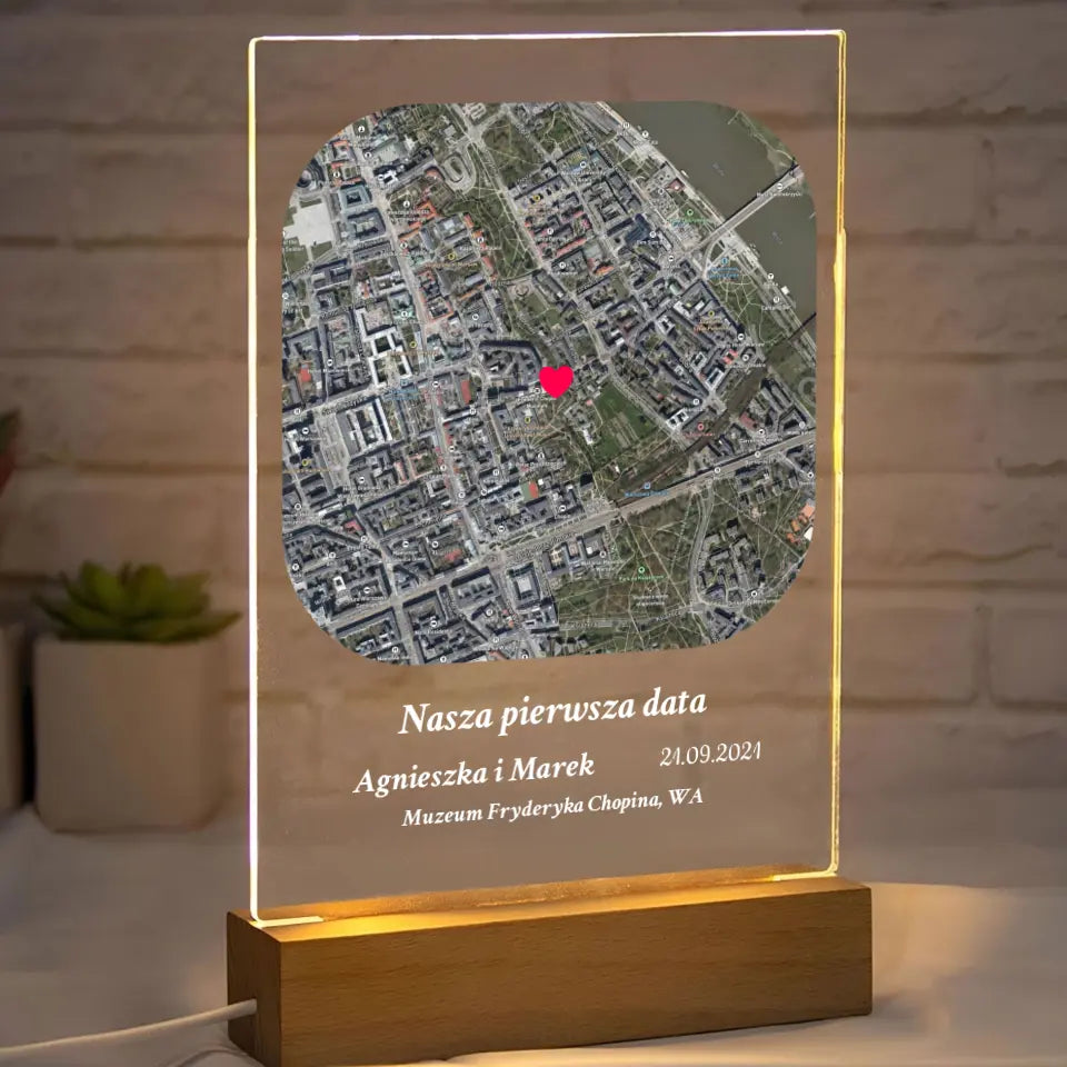 Nasza pierwsza randka (Półokrągły kwadrat) - Druk na szkle, personalizowany prezent dla pary