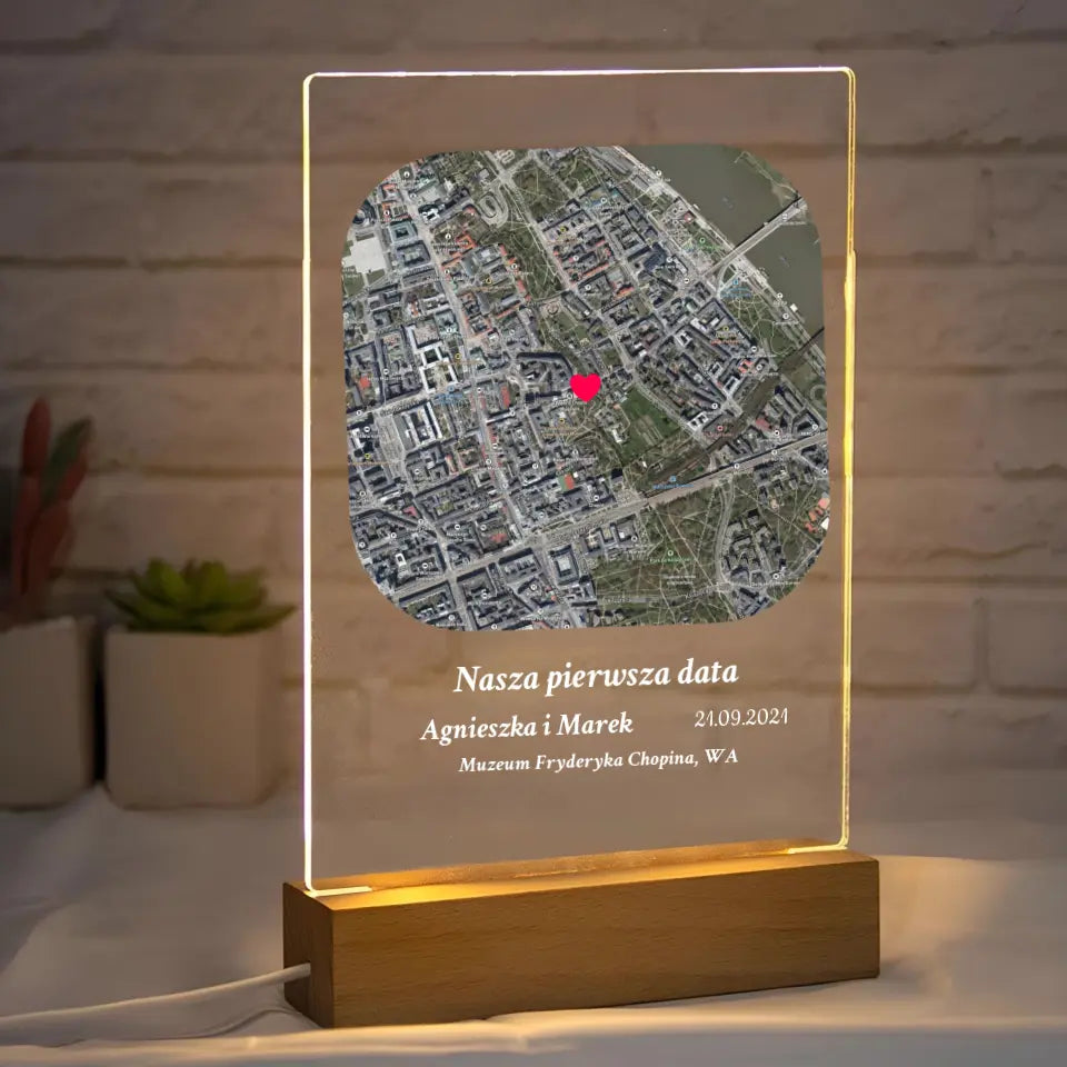 Nasza pierwsza randka (Półokrągły kwadrat) - Druk na szkle, personalizowany prezent dla pary