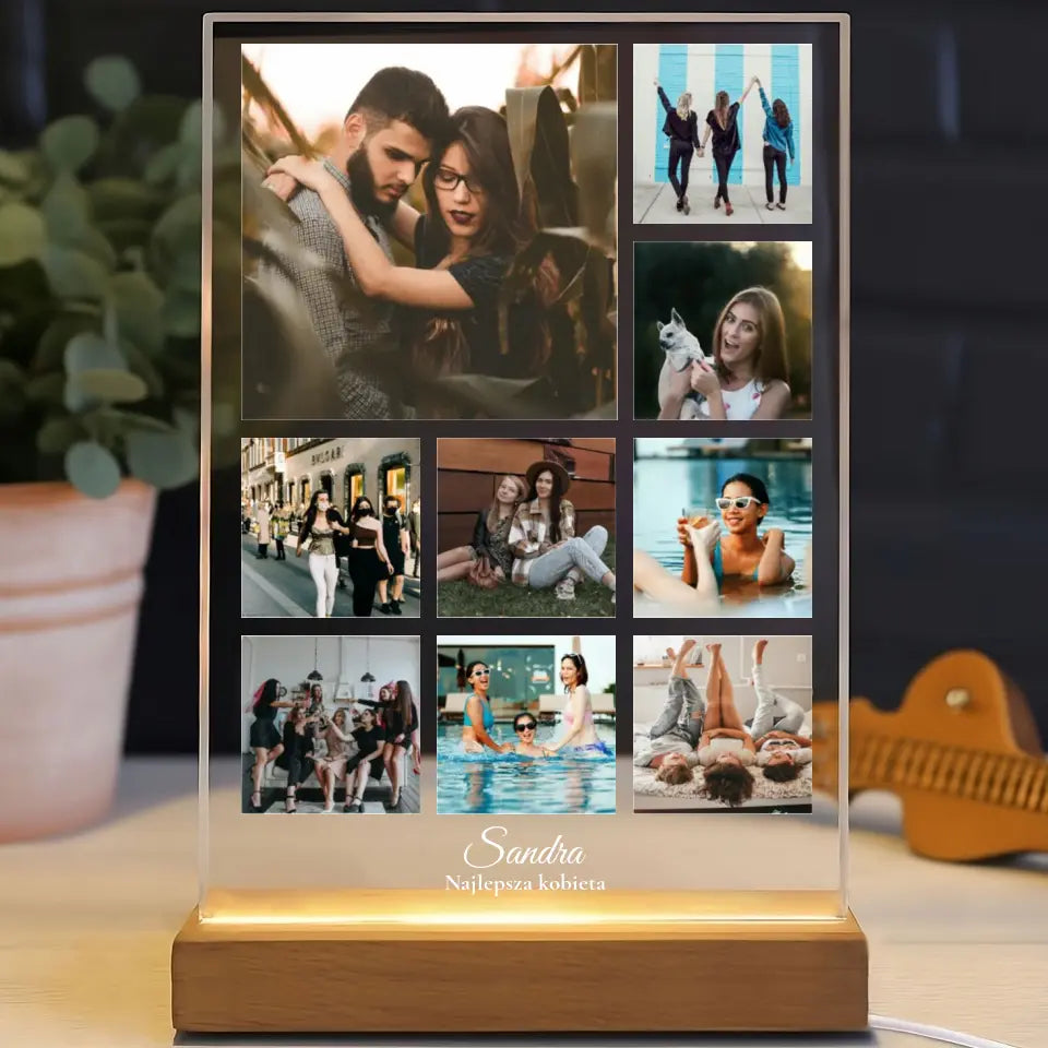 Kolaż na 9 zdjęć z imieniem - Druk na szkle, spersonalizowany prezent dla kobiety, przyjaciółki, dziewczyny, żony, pary