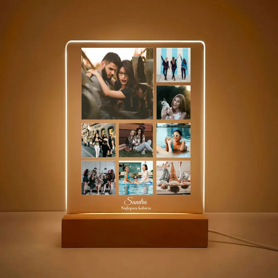 Kolaż na 9 zdjęć z imieniem - Druk na szkle, spersonalizowany prezent dla kobiety, przyjaciółki, dziewczyny, żony, pary