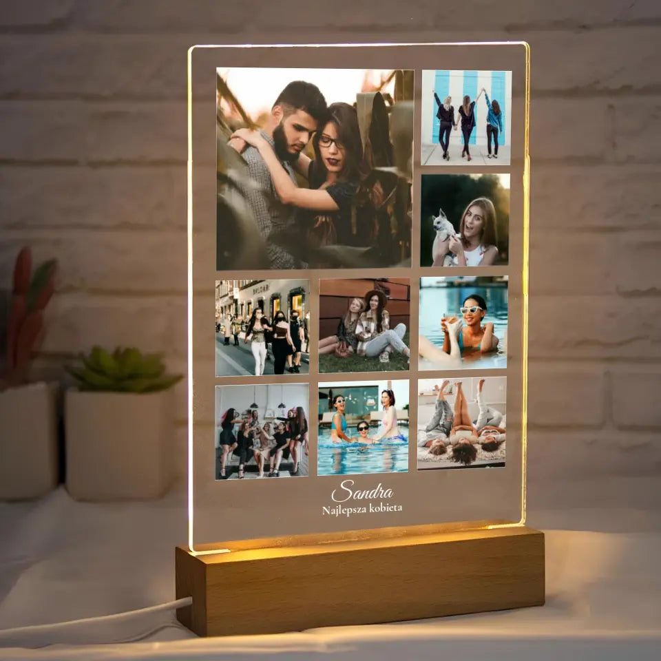 Kolaż na 9 zdjęć z imieniem - Druk na szkle, spersonalizowany prezent dla kobiety, przyjaciółki, dziewczyny, żony, pary