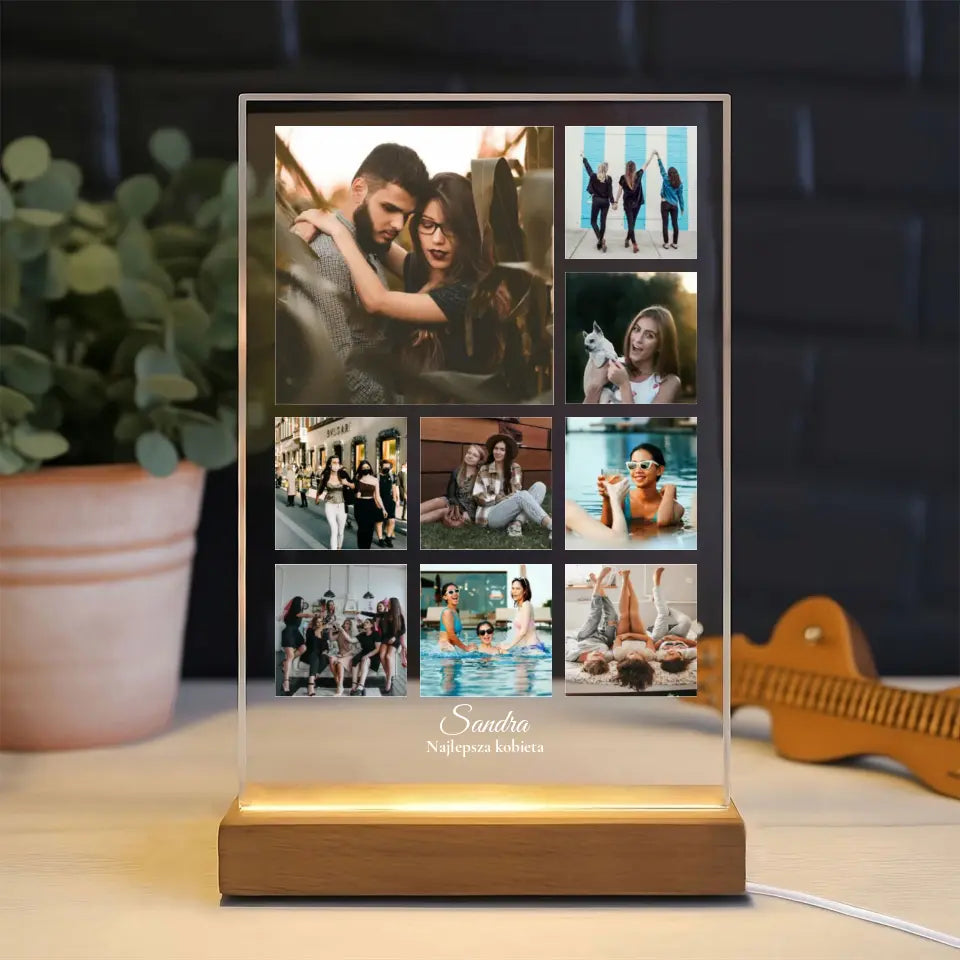 Kolaż na 9 zdjęć z imieniem - Druk na szkle, spersonalizowany prezent dla kobiety, przyjaciółki, dziewczyny, żony, pary