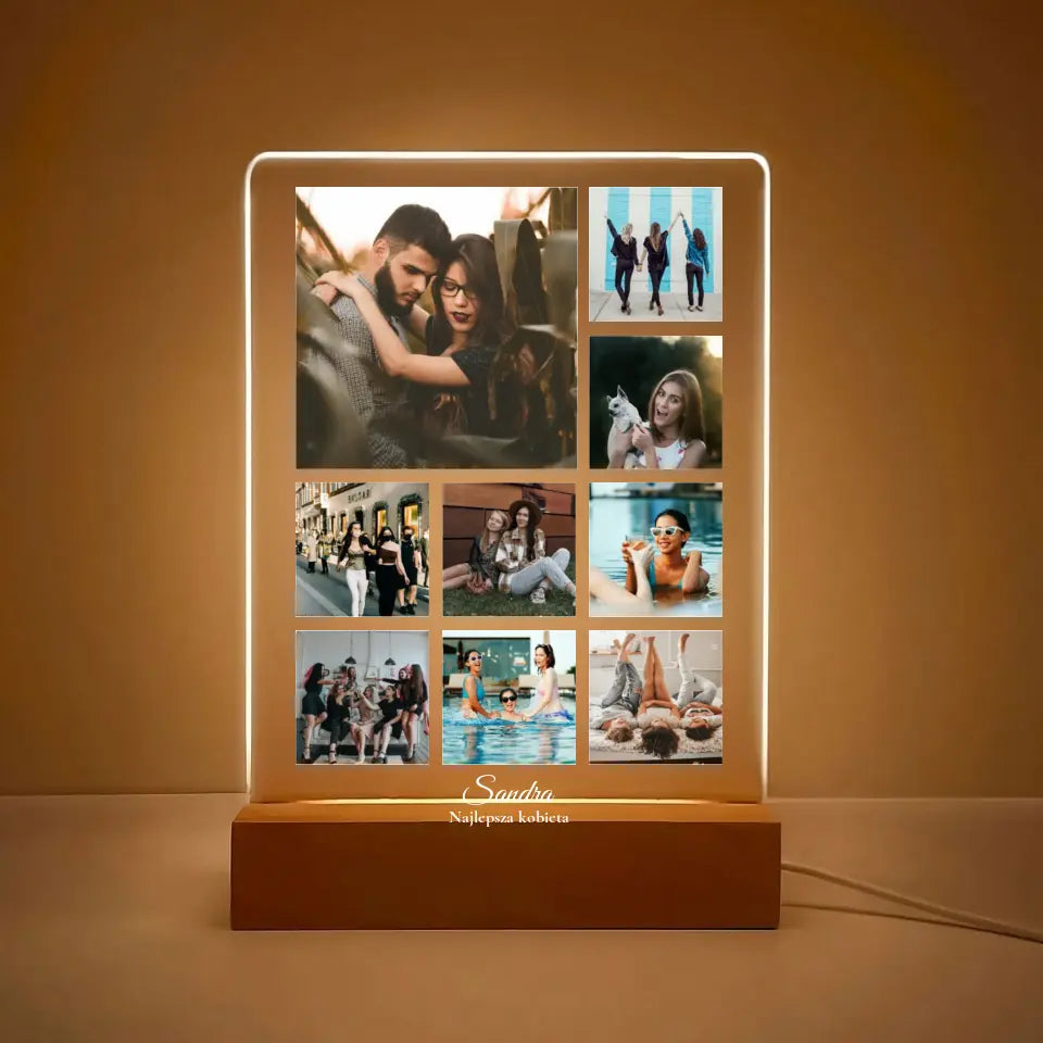 Kolaż na 9 zdjęć z imieniem - Druk na szkle, spersonalizowany prezent dla kobiety, przyjaciółki, dziewczyny, żony, pary