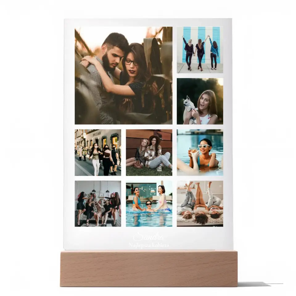 Kolaż na 9 zdjęć z imieniem - Druk na szkle, spersonalizowany prezent dla kobiety, przyjaciółki, dziewczyny, żony, pary