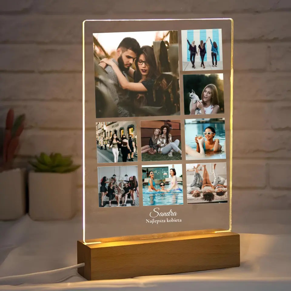 Kolaż na 9 zdjęć z imieniem - Druk na szkle, spersonalizowany prezent dla kobiety, przyjaciółki, dziewczyny, żony, pary