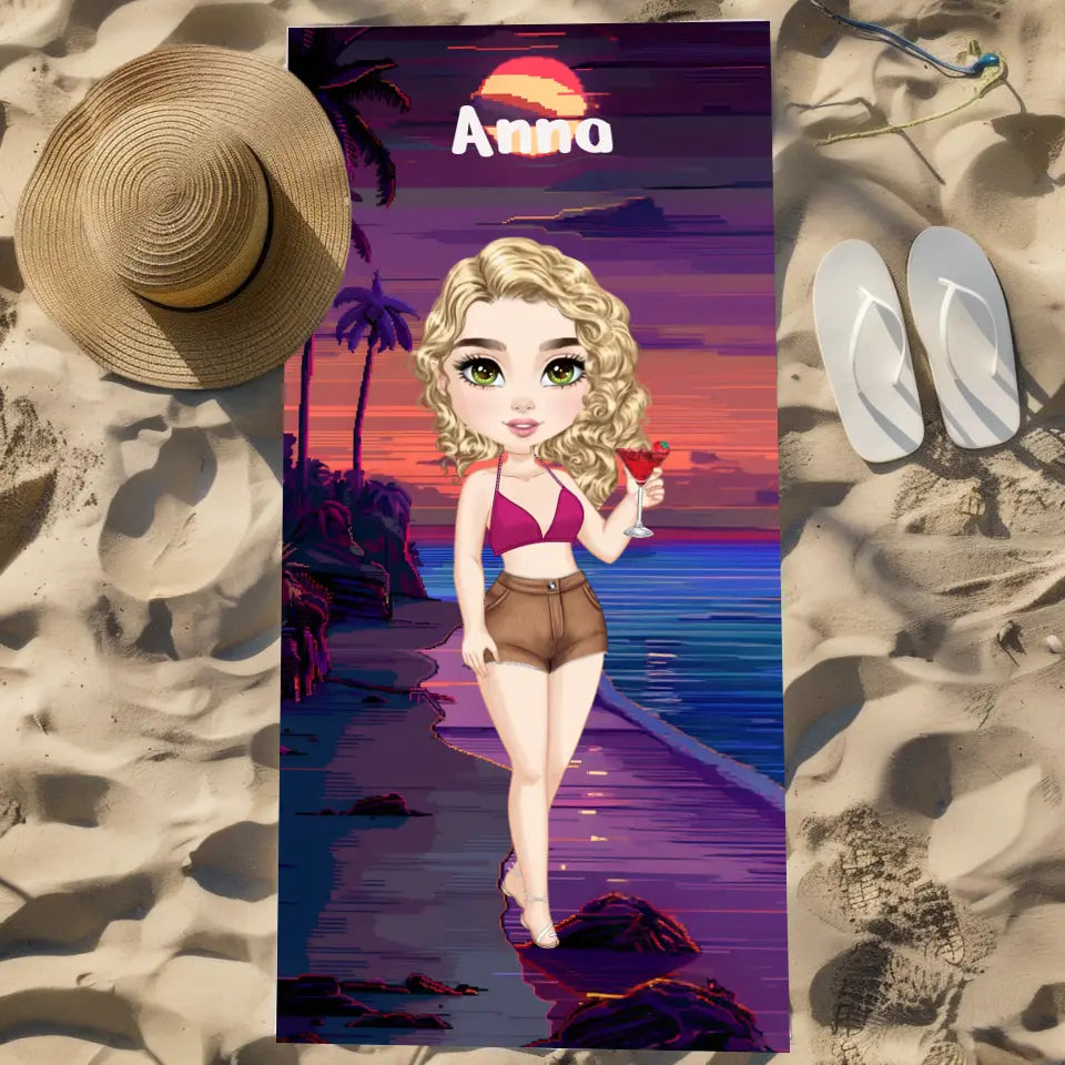 Kobieta na plaży (pixel) - Ręcznik plażowy, wyjątkowy prezent dla przyjaciółek
