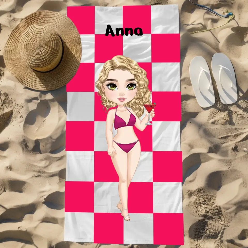 Kobieta w kostiumie kąpielowym (kwadraty) - Ręcznik plażowy, wyjątkowy prezent dla przyjaciółek
