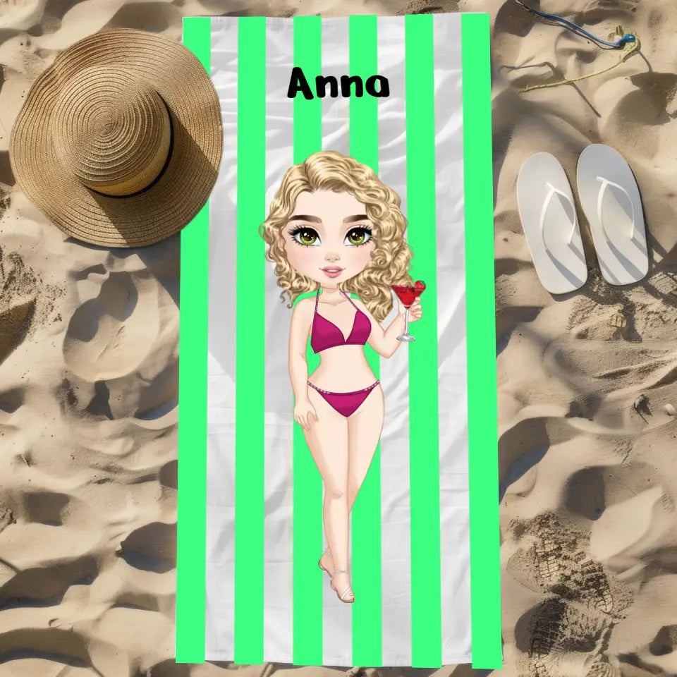 Kobieta w kostiumie kąpielowym (Paski) - Ręcznik plażowy, wyjątkowy prezent dla przyjaciółek