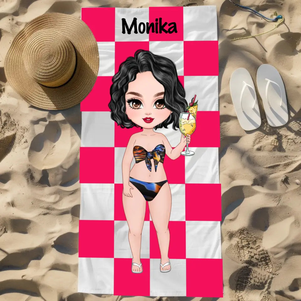 Dziewczyna w kostiumie kąpielowym (kwadraty) - Ręcznik plażowy, wyjątkowy prezent dla przyjaciółek