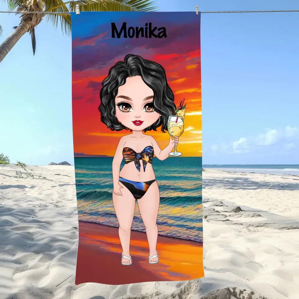 Dziewczyna w kostiumie kąpielowym (plaża) - Ręcznik plażowy, wyjątkowy prezent dla przyjaciółek