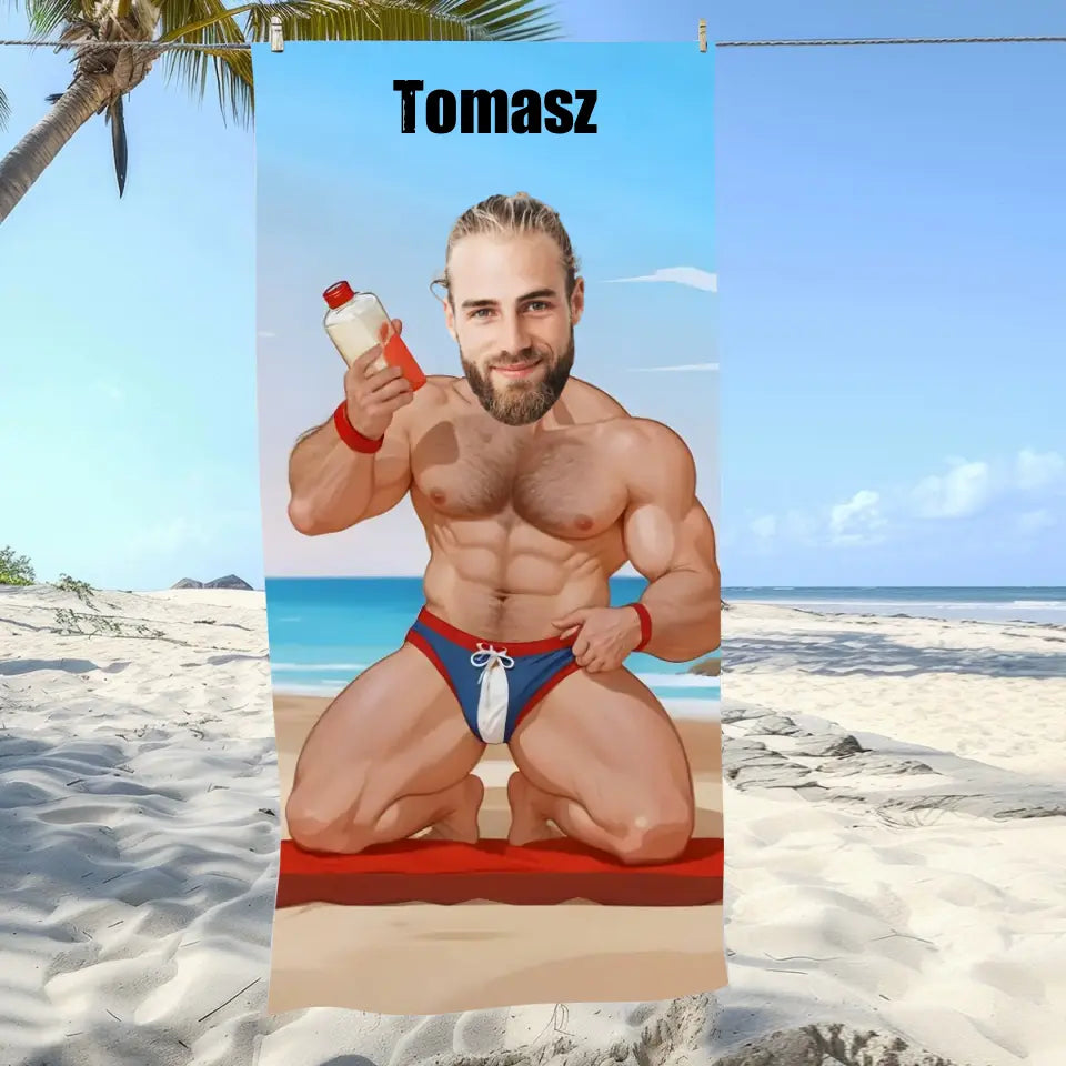 Dodaj własne zdjęcie! Mężczyzna w kąpielówkach - Ręcznik plażowy, wyjątkowy prezent dla mężczyzn