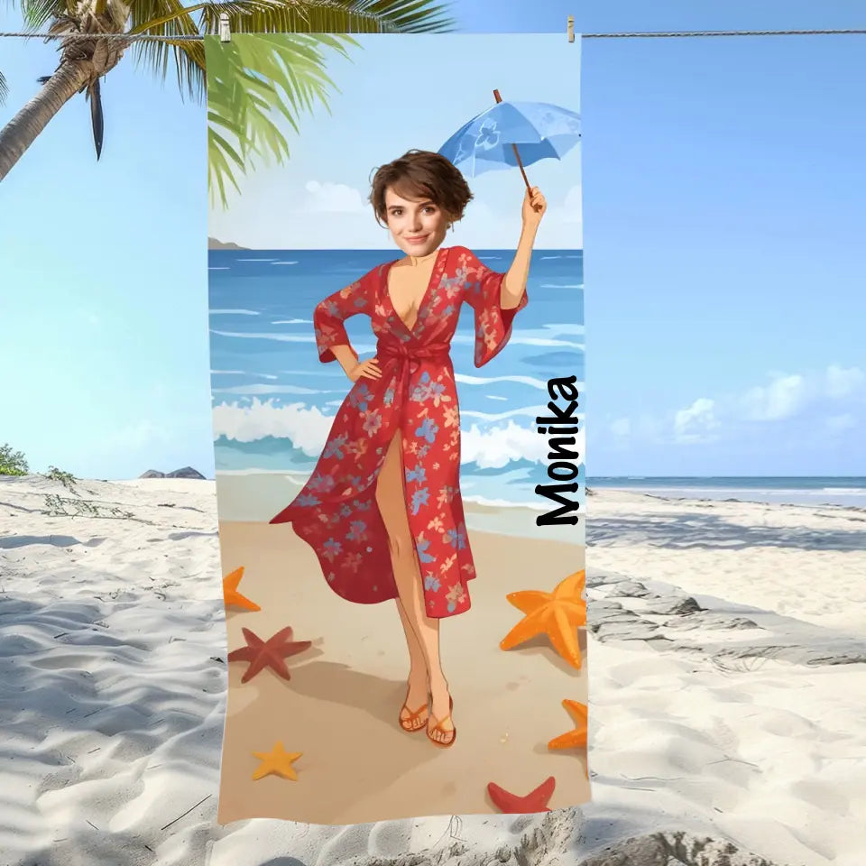 Dodaj własne zdjęcie! Dziewczyna na plaży - Ręcznik plażowy, wyjątkowy prezent dla przyjaciółek