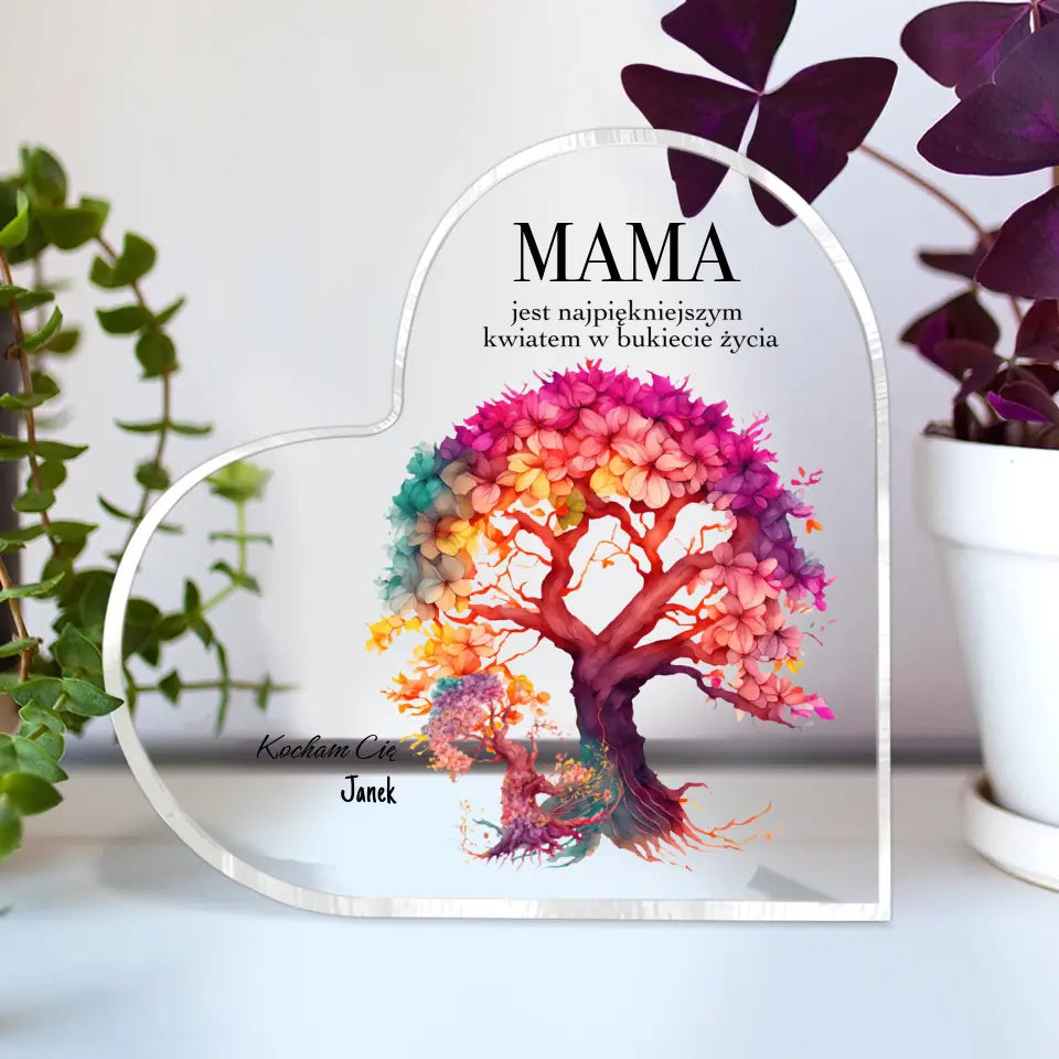 MAMA JEST NAJPIĘKNIEJSZYM KWIATEM - akrylowe serce, spersonalizowany prezent dla mamy