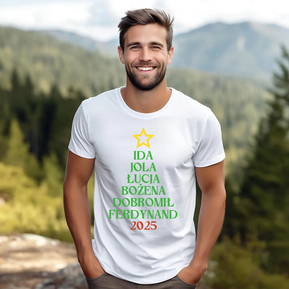 Choinka z imionami - koszulka, wyjątkowy prezent na Boże Narodzenie dla rodziny