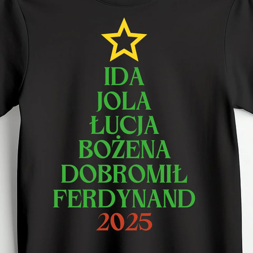 Choinka z imionami - koszulka, wyjątkowy prezent na Boże Narodzenie dla rodziny