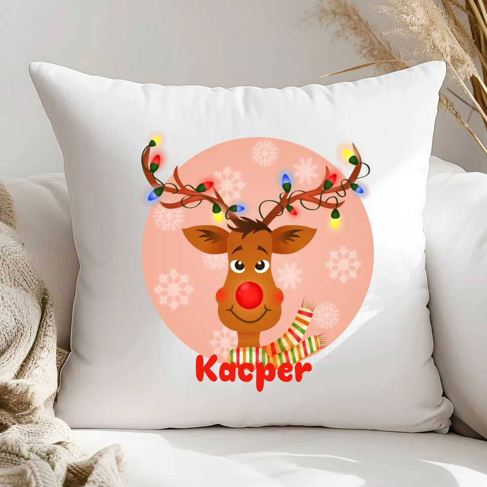 Renifer w girlandzie - poduszka, spersonalizowany prezent na Mikołajki dla dzieci
