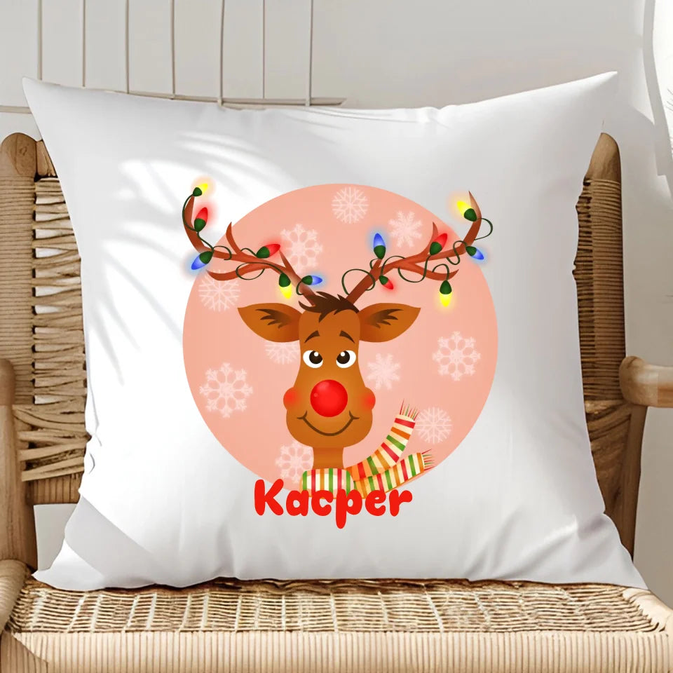 Renifer w girlandzie - poduszka, spersonalizowany prezent na Mikołajki dla dzieci