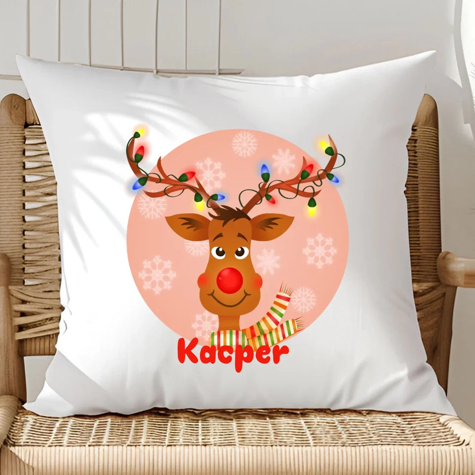 Renifer w girlandzie - poduszka, spersonalizowany prezent na Mikołajki dla dzieci