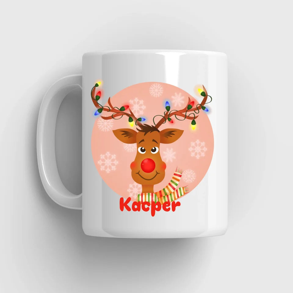 Renifer w girlandzie - Kubek, wyjątkowy prezent na Mikołajki dla dzieci