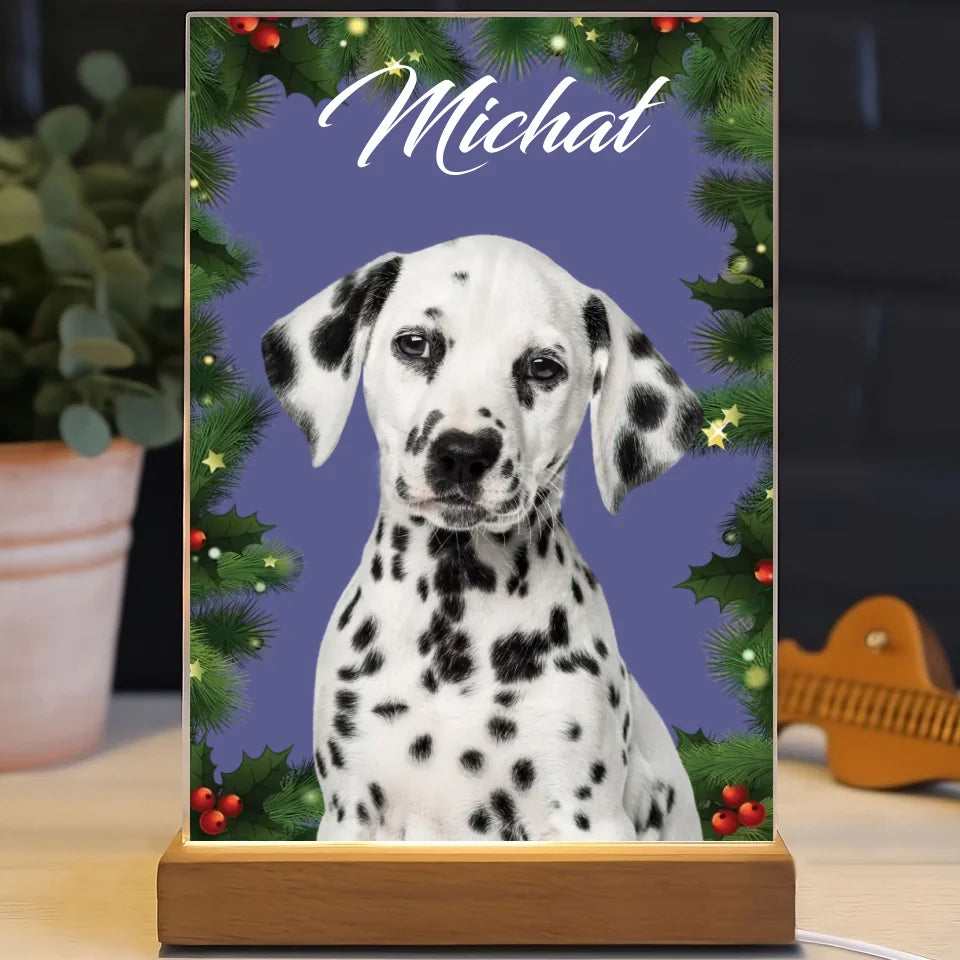 Świąteczne zdjęcie psa - druk na szkle akrylowym, spersonalizowany prezent dla rodziny