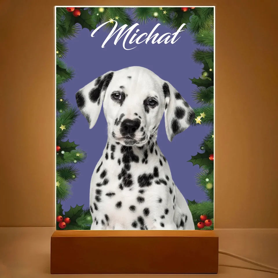 Świąteczne zdjęcie psa - druk na szkle akrylowym, spersonalizowany prezent dla rodziny