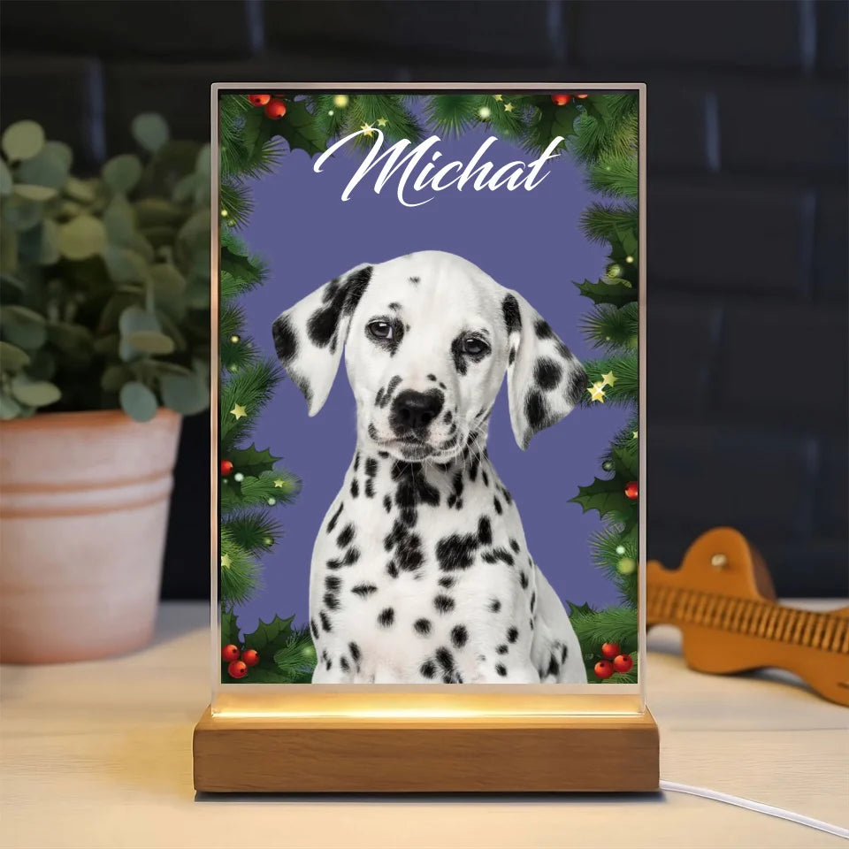 Świąteczne zdjęcie psa - druk na szkle akrylowym, spersonalizowany prezent dla rodziny