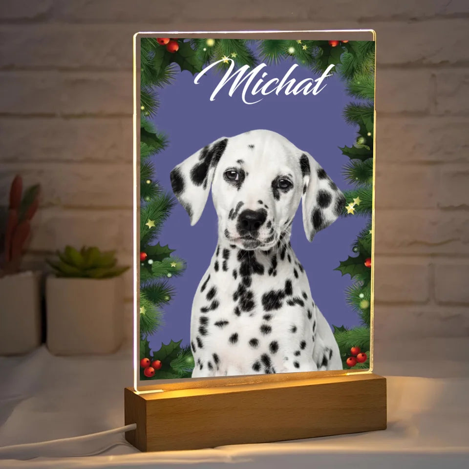 Świąteczne zdjęcie psa - druk na szkle akrylowym, spersonalizowany prezent dla rodziny