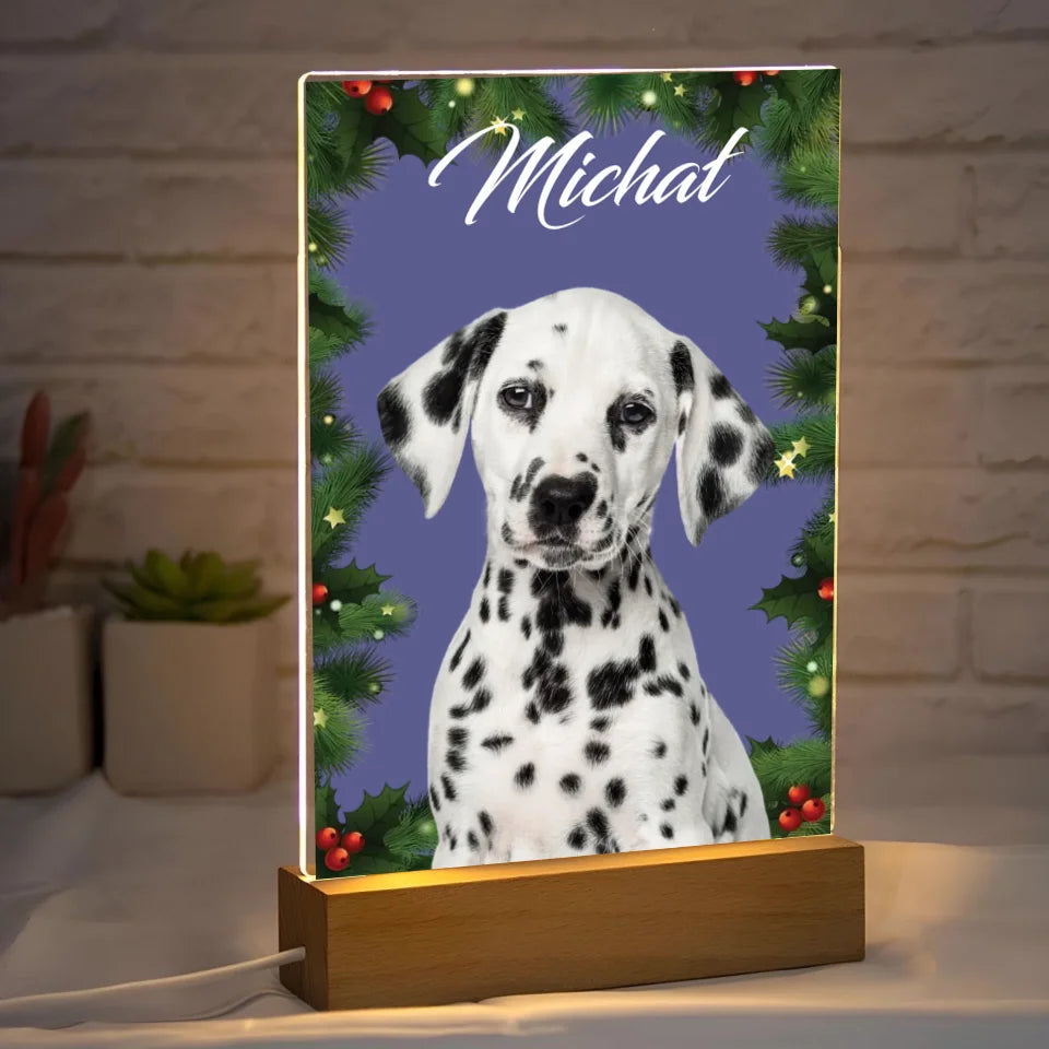 Świąteczne zdjęcie psa - druk na szkle akrylowym, spersonalizowany prezent dla rodziny