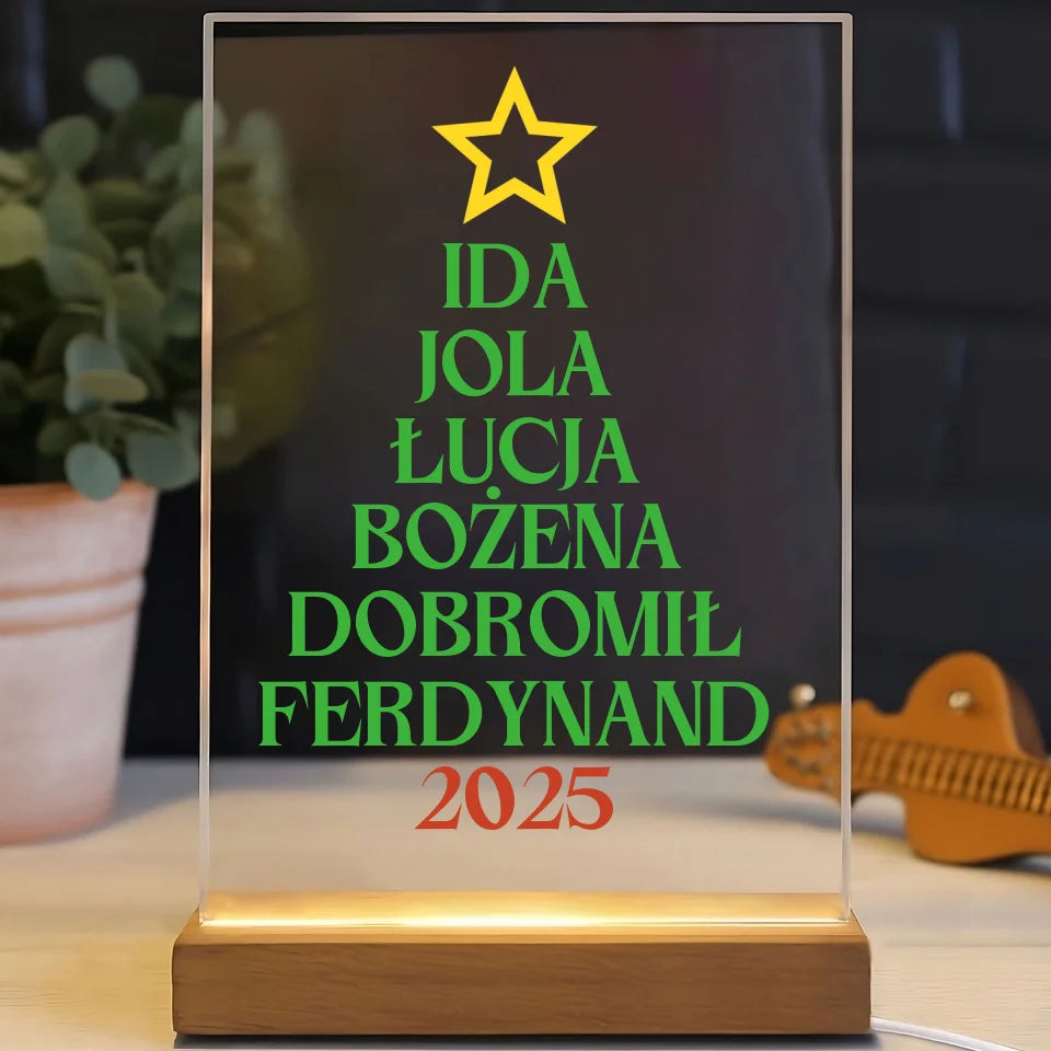 Choinka z imionami - druk na szkle akrylowym, spersonalizowany prezent dla rodziny