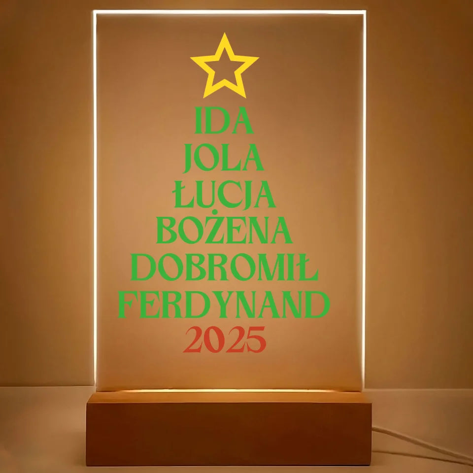 Choinka z imionami - druk na szkle akrylowym, spersonalizowany prezent dla rodziny