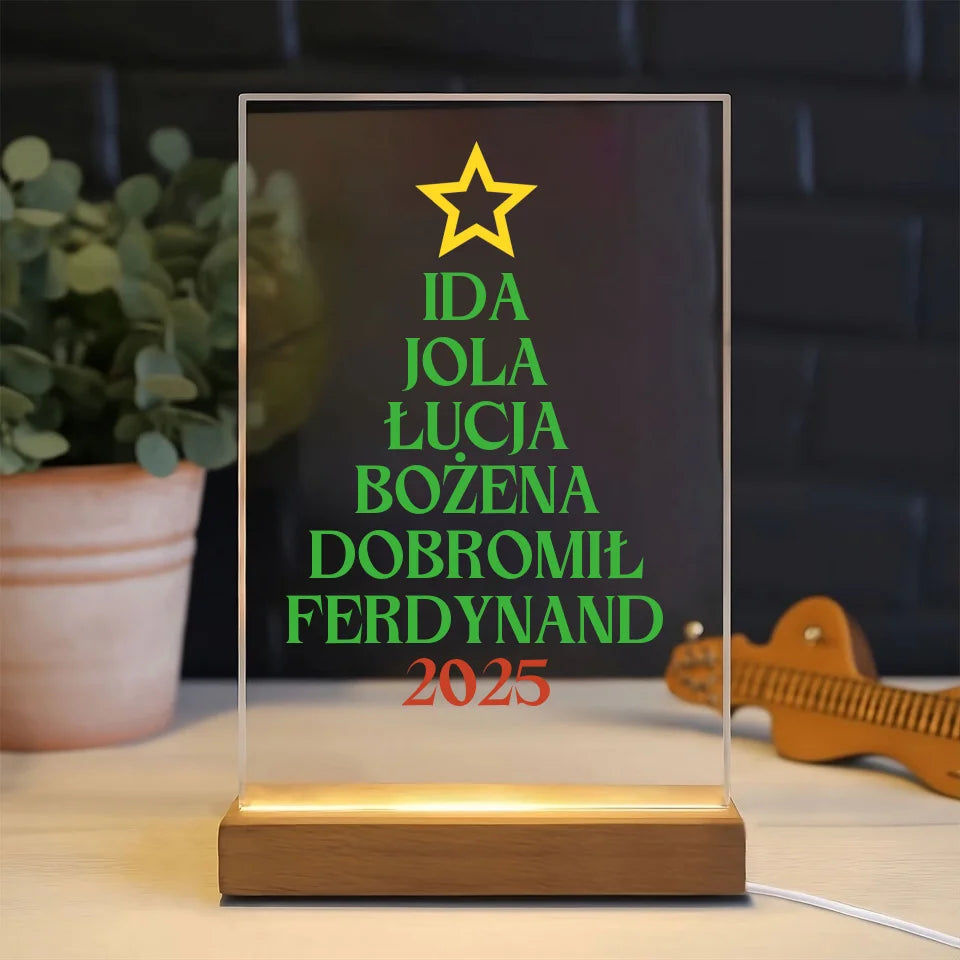 Choinka z imionami - druk na szkle akrylowym, spersonalizowany prezent dla rodziny
