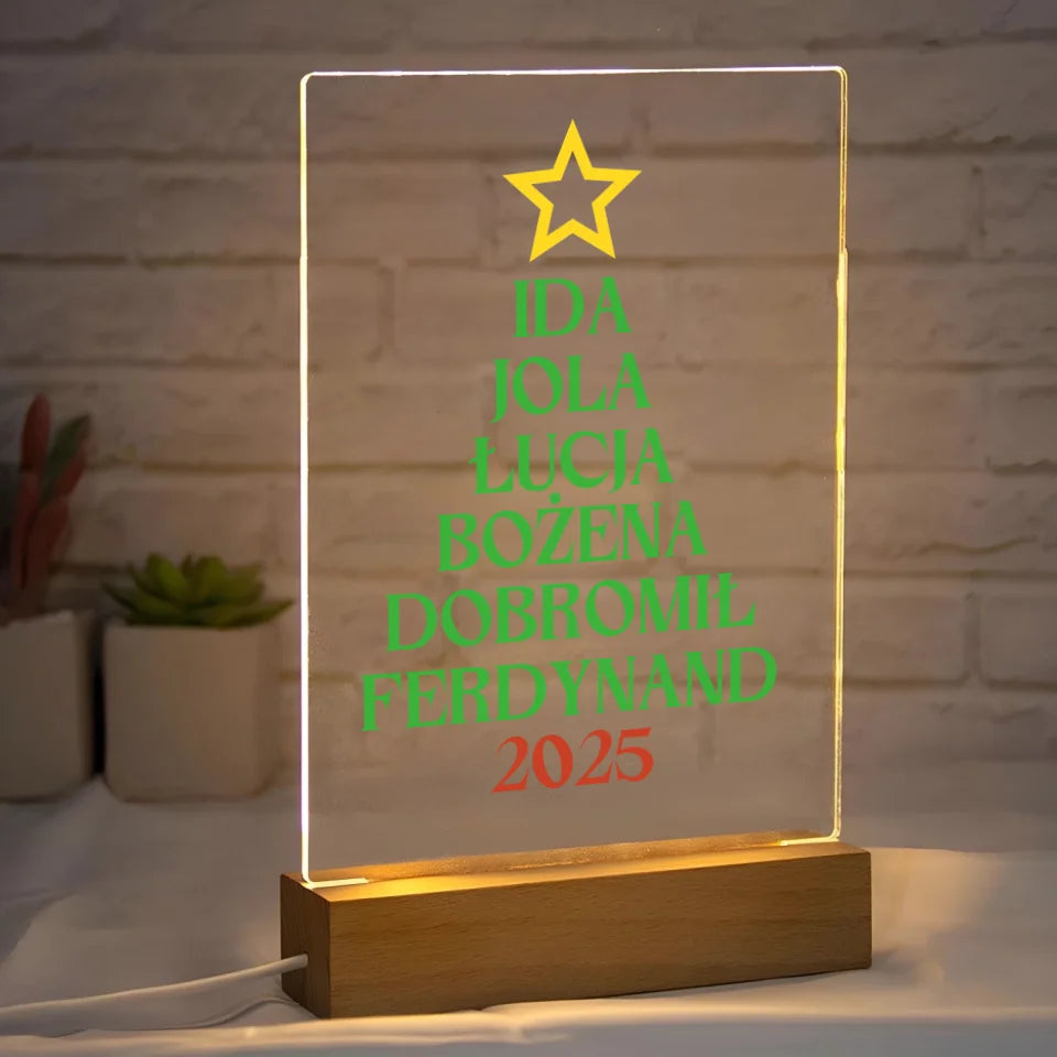 Choinka z imionami - druk na szkle akrylowym, spersonalizowany prezent dla rodziny