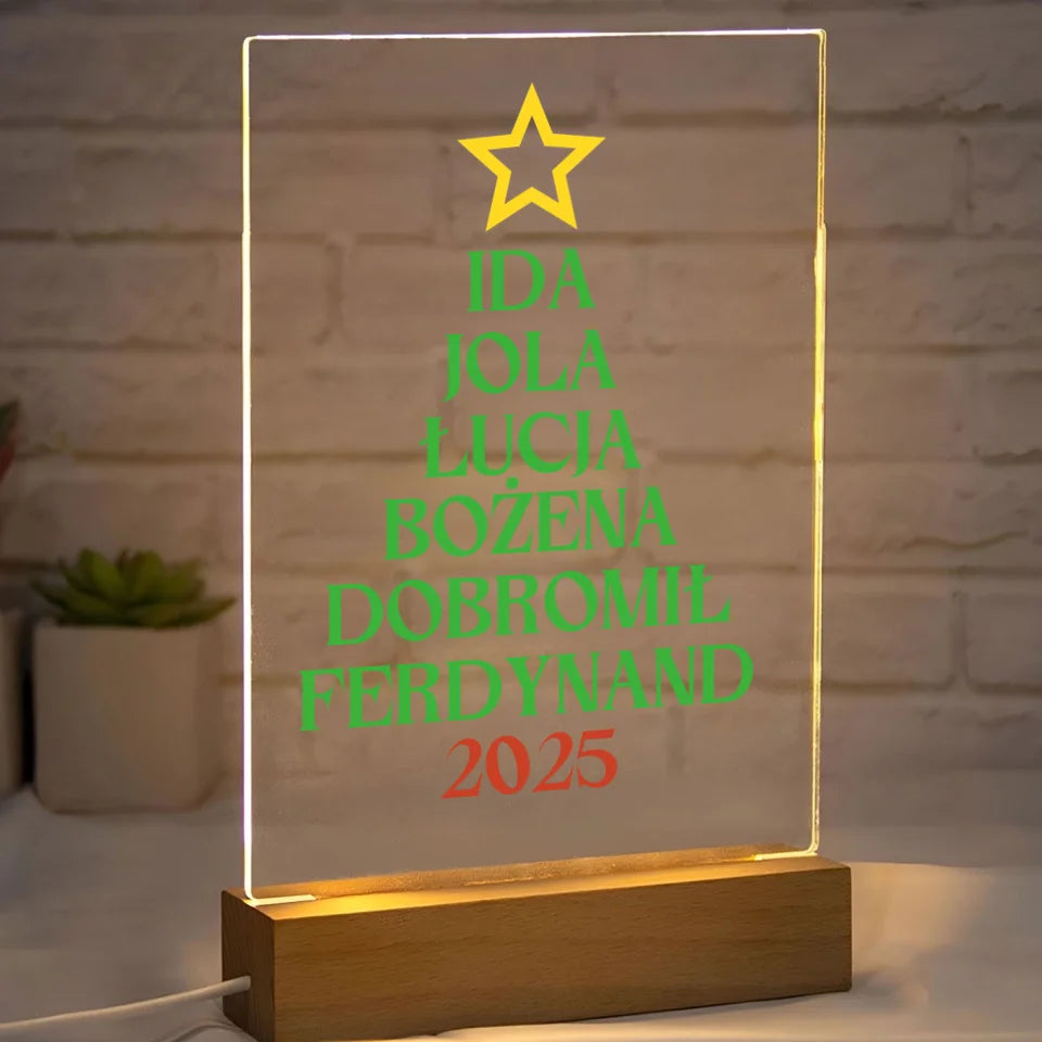 Choinka z imionami - druk na szkle akrylowym, spersonalizowany prezent dla rodziny