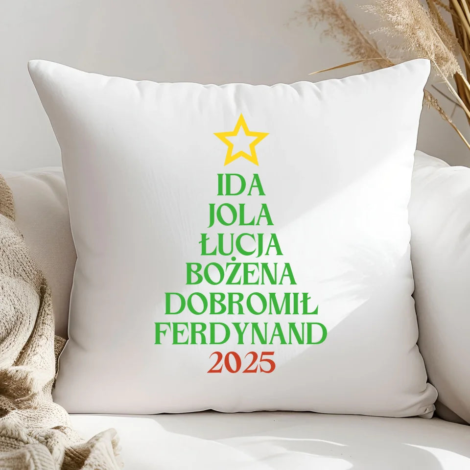 Rodzinna choinka bożonarodzeniowa - poduszka, spersonalizowany prezent dla rodziny